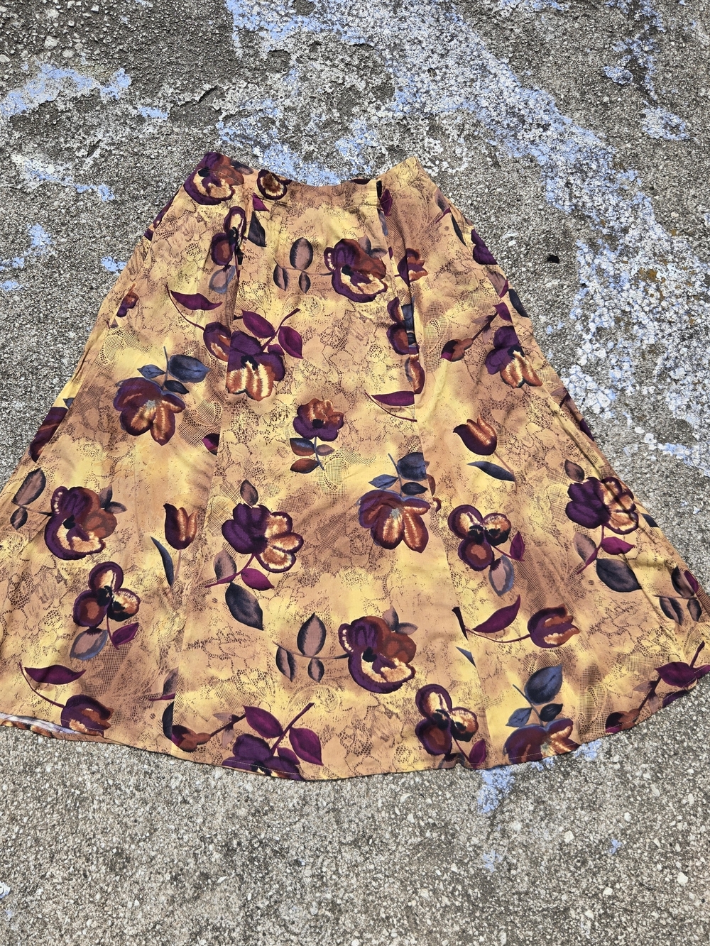 Women's A-Line Floral Midi Skirt in Mustard and Purple
